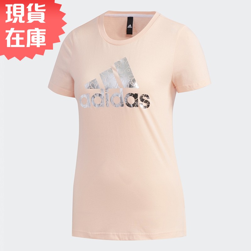 Adidas 女短袖上衣 純棉 金屬感印花 粉【運動世界】FM9293