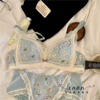 Xuan♥浪漫田園碎花法式少女內衣小胸聚攏無鋼圈性感蕾絲軟綿綿文胸套裝