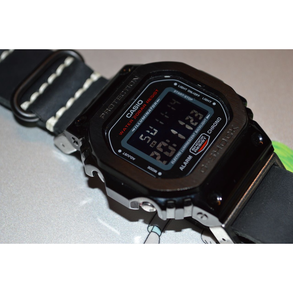 Casio G-Shock DW5600 不鏽鋼 黑 Nato 血鶴 網格 皮革錶帶 小方塊