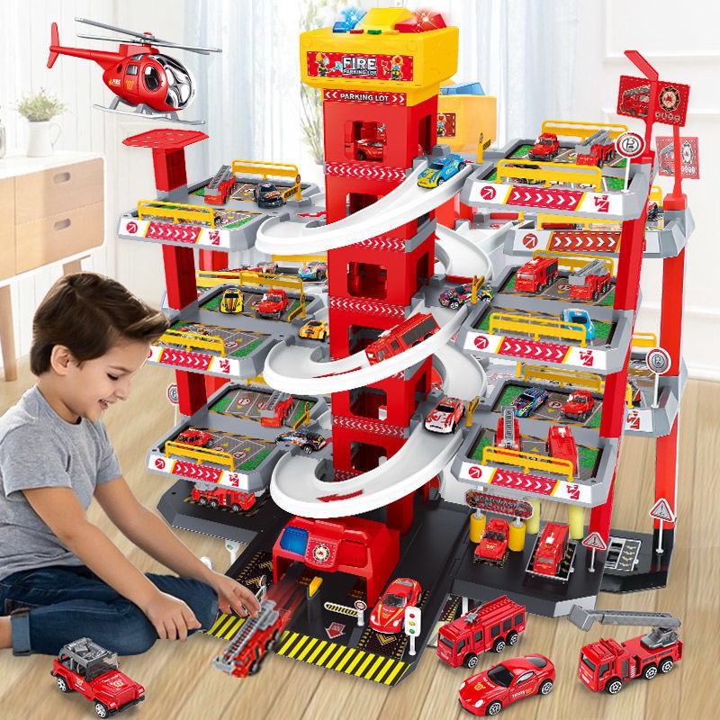 兒童益智3-4男孩6歲軌道車電動停車場玩具大樓合金小汽車消防警車