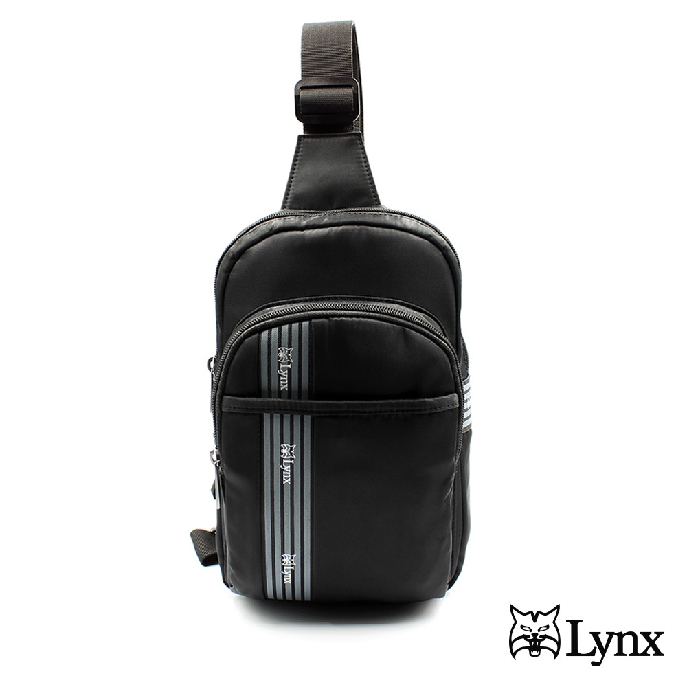 【Lynx】美國山貓簡單條紋多隔層機能防潑水尼龍布包側背包 胸包 黑色 LY39-1121-99