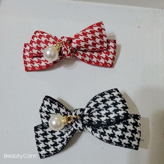 韓國千鳥格紋蝴蝶結珍珠吊飾壓夾（直播價）
