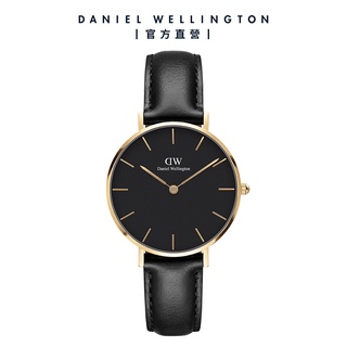【Daniel Wellington】DW 手錶 Petite Sheffield 32mm爵士黑真皮皮革錶 香檳金