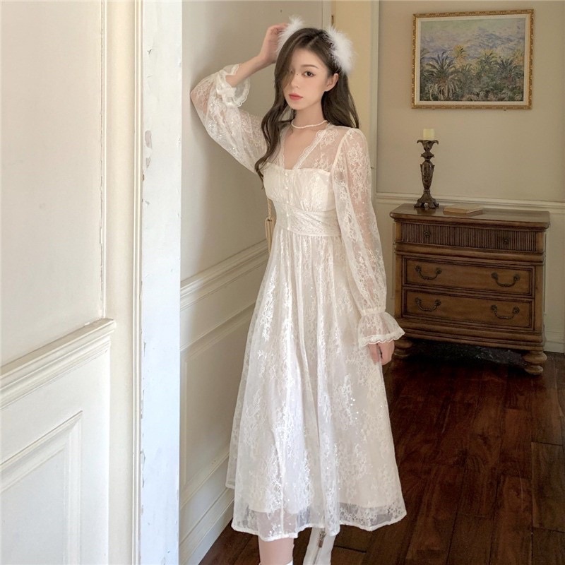 Ulzzang Taobao 童話長款白色女式連衣裙