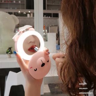 抖音小豬化妝鏡子便攜小折疊網紅美妝led燈美妝鏡子口袋風扇充電