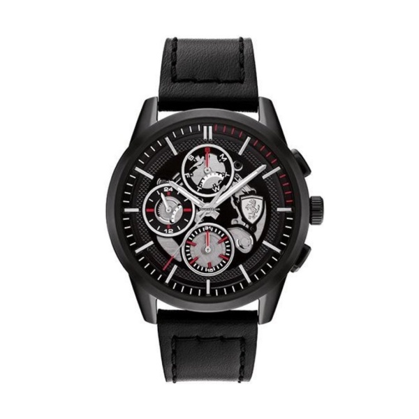 【Ferrari 法拉利】奔馳競速計時三眼真皮腕錶-神秘黑/FA0830829/台灣總代理公司貨享兩年保固