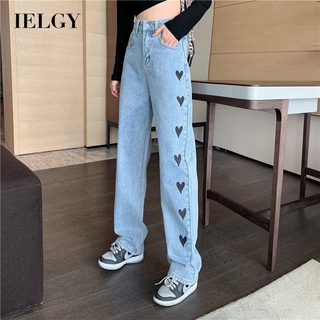 IELGY 寬鬆闊腿褲長褲復古直筒愛心圖案百搭高腰修身牛仔褲女拖地