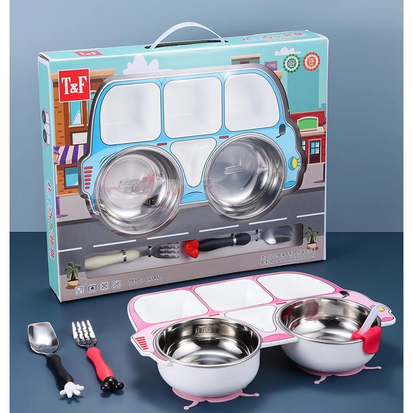兒童餐具/五格萌趣巴士車不鏽鋼餐盤