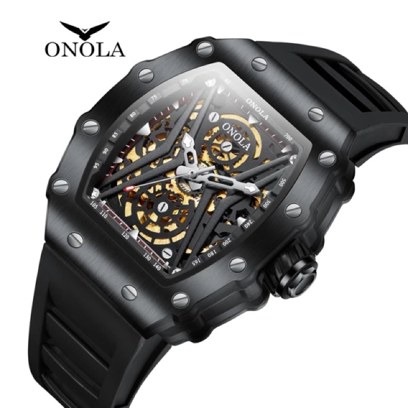 ONOLA正品義大利註冊品牌爆款時尚理查風格酒桶造型縷空面自動機械夜光指針矽膠錶帶男士手錶