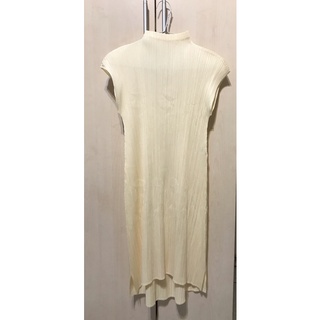 三宅一生 ISSEY MIYAKE/PLEATS PLEASE珍珠米白色立領小包袖A字長版上衣/短洋裝