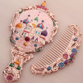 俄羅斯手柄小鏡子帶梳子 套裝復古隨身便攜化妝鏡可折疊臺式公主鏡