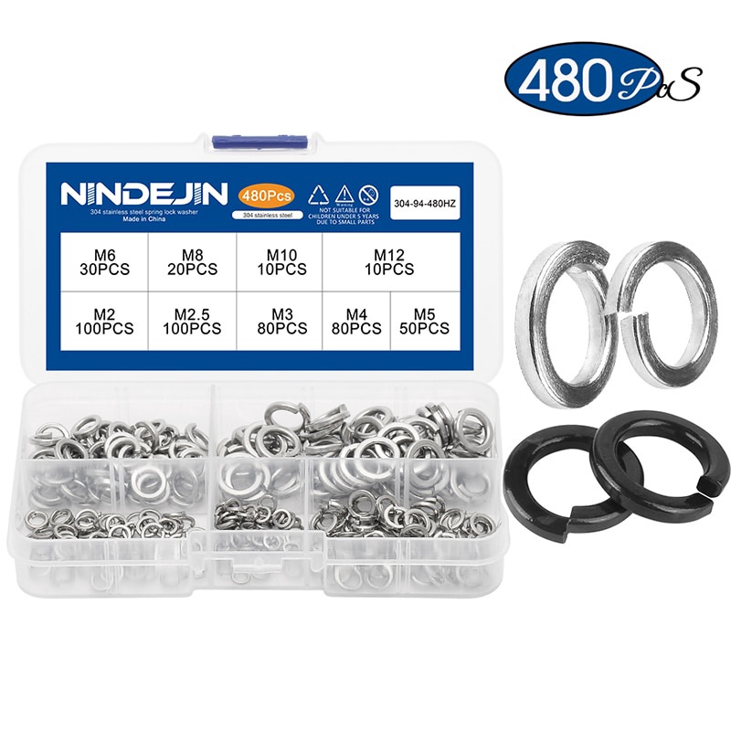 NINDEJIN 300/480pcs/盒裝鎖緊墊圈套裝不銹鋼和黑碳鋼彈簧鎖緊墊圈分類套件