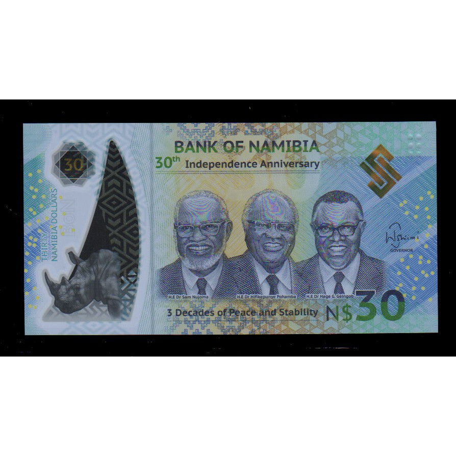 【低價外鈔】納米比亞2020年 30Dollars 塑膠鈔一枚，犀牛圖案，新發行~