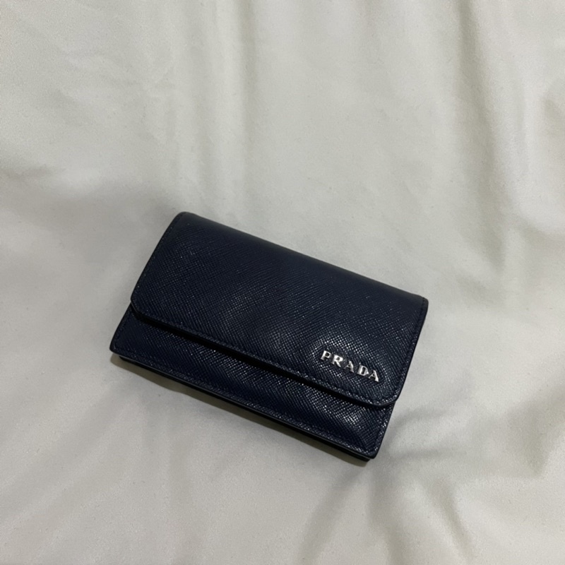 PRADA金屬LOGO卡片夾/零錢包(深藍)