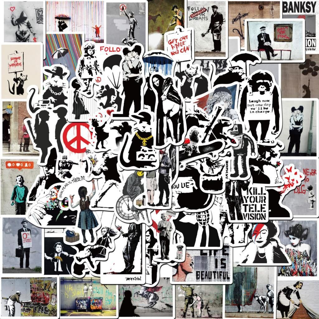67張入 班克西 Banksy 黑白塗鴉藝術  防水貼紙 行李箱貼紙 機車貼紙 筆電貼紙
