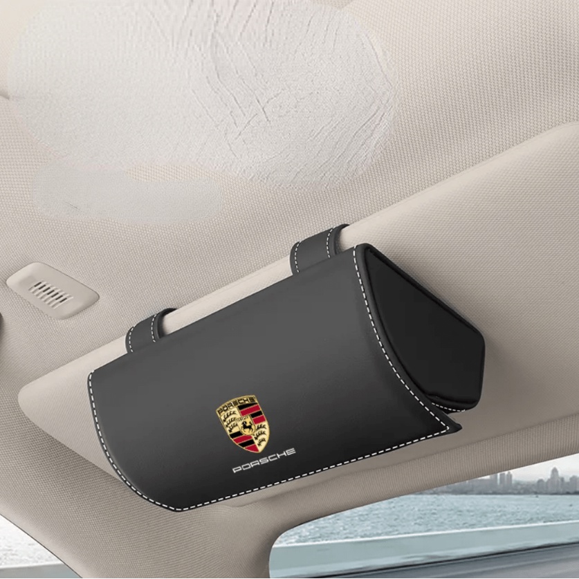 Porsche LOGO車用眼鏡盒macan Cayenne墨鏡收納遮陽板卡片真皮收納夾