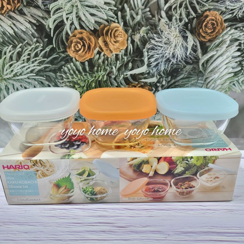 【yoyo home】日本HARIO 矽膠蓋方形玻璃保鮮盒3入組 迷你玻璃盒 厚玻璃 玻璃皿 沙拉盅 烤盅 起司焗烤小皿