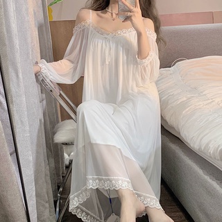 Jru 睡衣 居家服 女裝 宮廷風睡衣 女 春夏季法式甜美超仙薄款性感吊帶網紗睡裙 長袖家居服