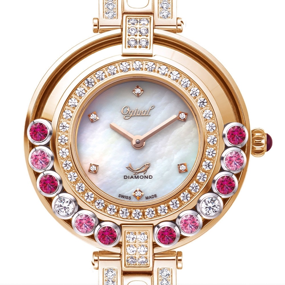 流星系列-流光真鑽時標珠寶女腕錶-粉色水晶鑽白面(380-455DLR)