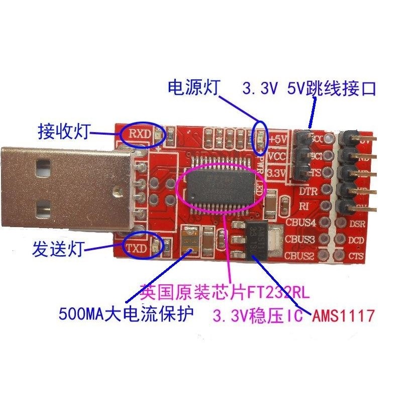 最新版FTDI FT232RL雙電源5V/3.3V可設定,USB to UART/TTL模組RS232 (2組)