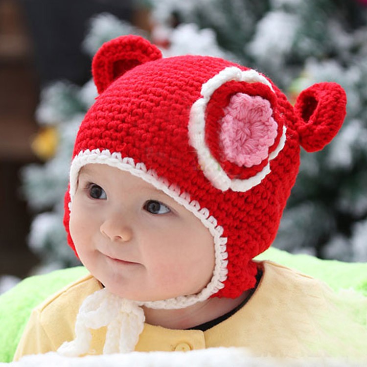韓版冬季兒童大花朵編織帽 護耳帽