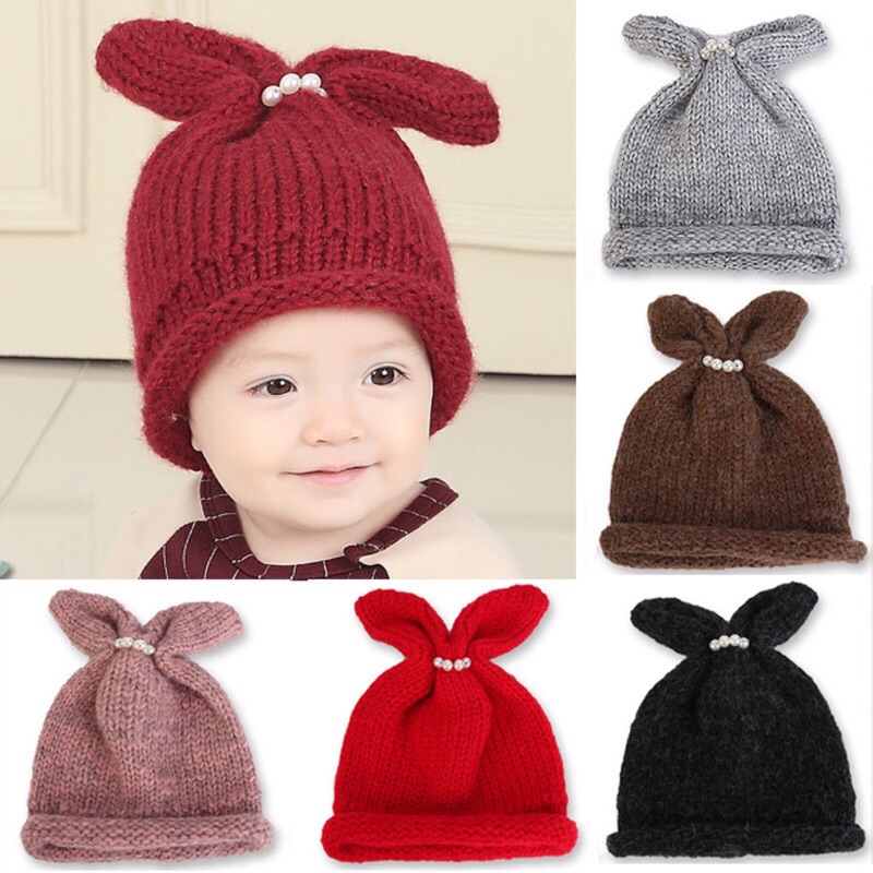 韓版秋冬兒童男女寶寶毛線帽 珍珠兔耳朵卷邊 針織帽 套頭帽 毛帽