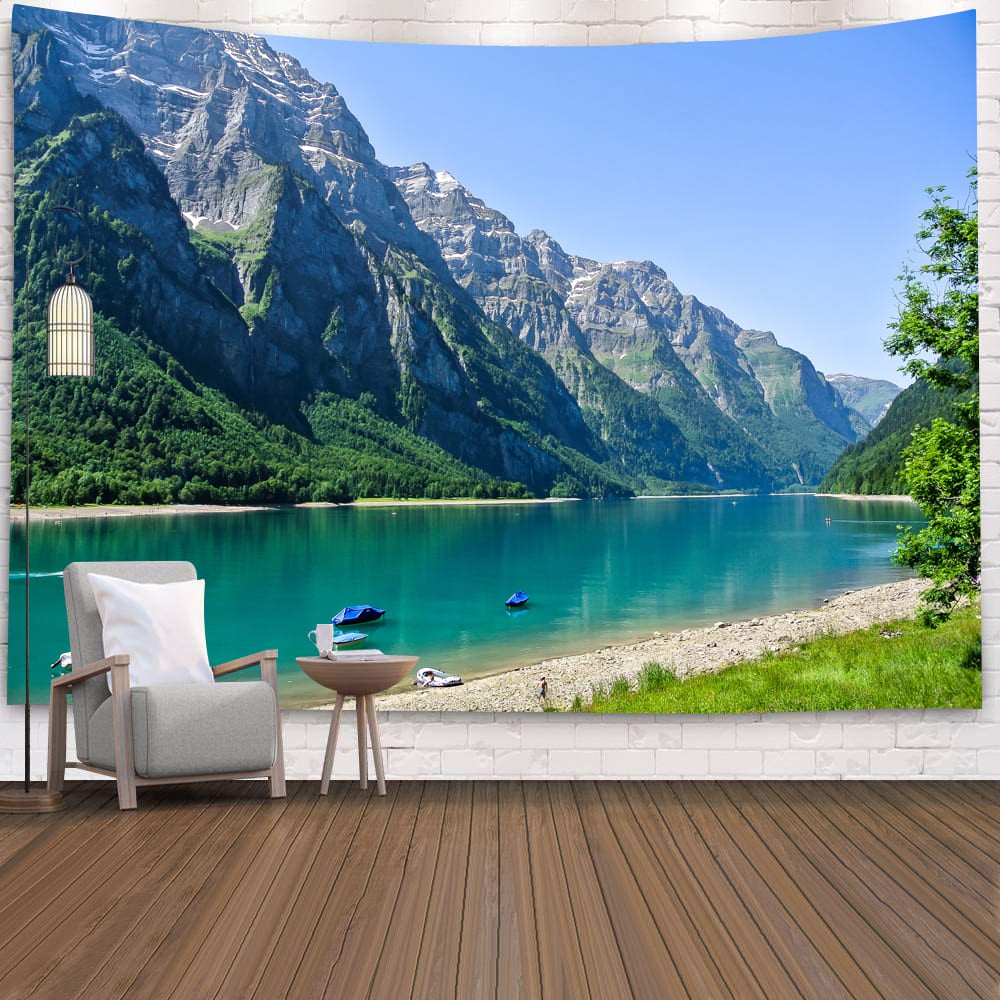 原創 高清 風水掛布山脈湖泊大樹森林山水圖裝飾佈置歐美北歐風ins房間壁佈網紅直播拍攝背景布床頭牆布自然風景掛布布畫