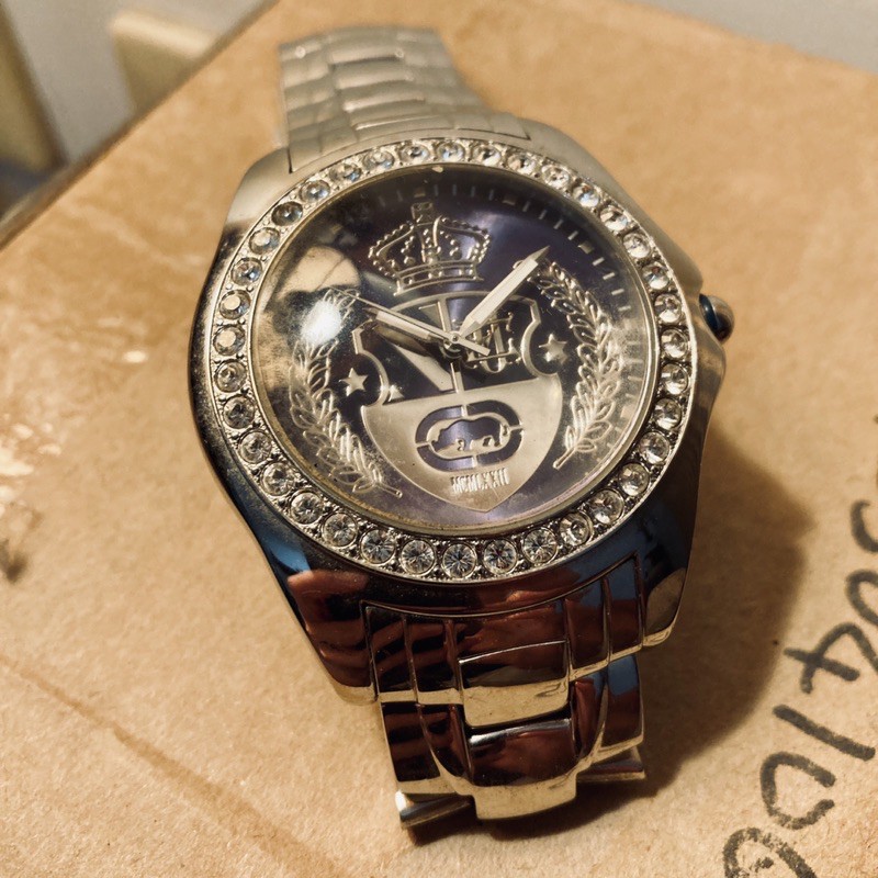 marc ecko 犀牛水鑽大框亮銀粗鋼帶腕錶 嘻哈品牌
