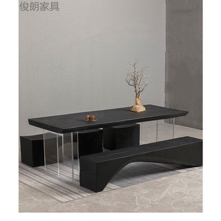 [taifa_008]侘寂風黑色亞克力大板餐桌懸浮碳化實木長桌懸空茶桌原木工作臺