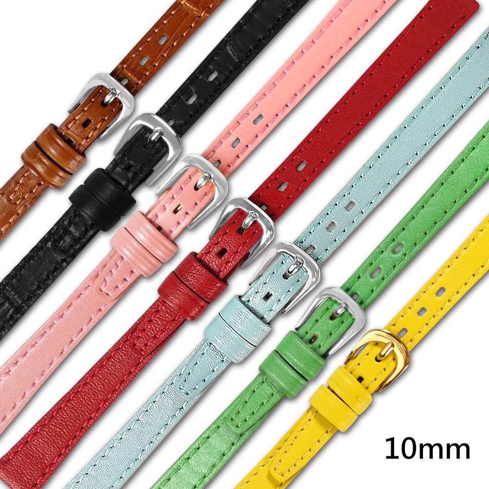 Watchband / 10mm / 各品牌通用 質感 不鏽鋼扣頭 真皮錶帶 淺咖/黑/粉/藍/綠/紅/黃 ＃213-F