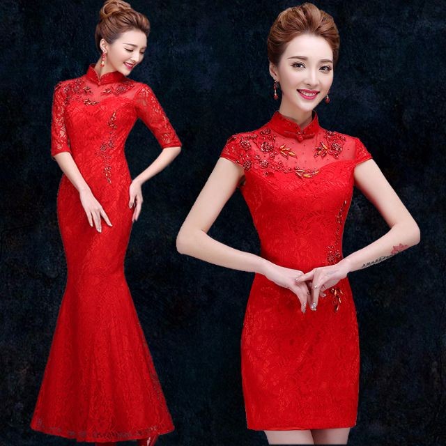 中式嫁衣鏤空蕾絲紅色旗袍(本禮服出售/出租均可)