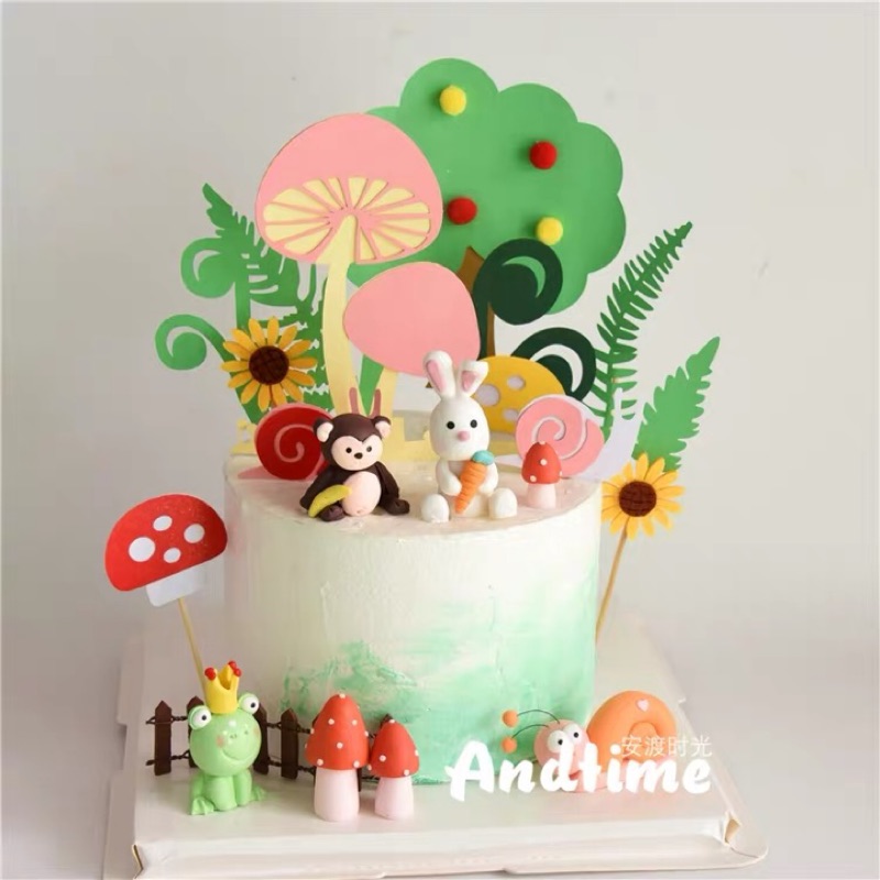 [Stella狂想曲］動物派對 森林系 兔子 樹 蘋果樹 猴子 豬 蛋糕裝飾 插件 插牌 蘑菇 植物 向日葵
