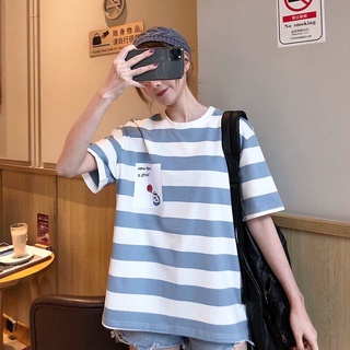 新款韓版寬鬆學生條紋短袖t恤女原宿風半袖情侶上衣