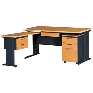 木紋色CD黑腳-L型辦公桌.職員桌.主管桌083-26