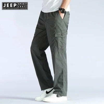 Jeep SPIRIT 1941 ESTD男士休閒褲夏季薄款純棉抽繩運動褲寬鬆直筒大碼男褲