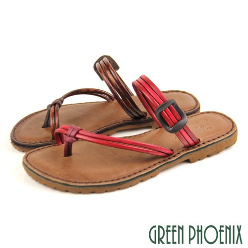 【GREEN PHOENIX】純色扭結套趾兩用全真皮平底夾腳涼拖鞋-女款 台灣製 U60-28011