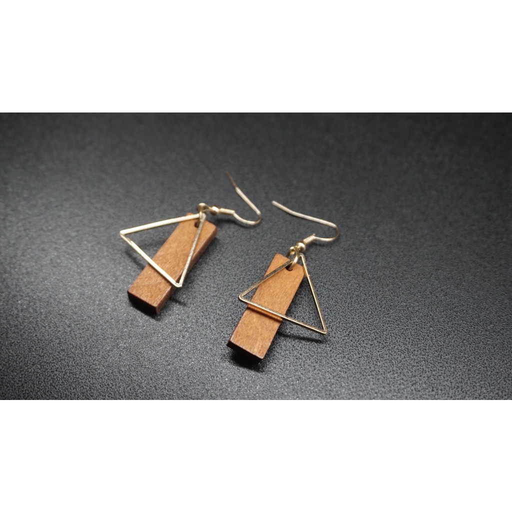 【二手】金屬三角造型木質木塊耳勾耳環