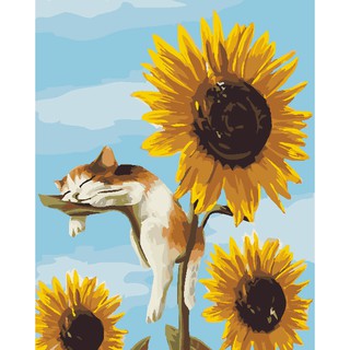 現貨30*40cm DIY手繪數字油畫可超商取貨付款客廳兒童房裝飾畫填色遊戲最佳禮品需要自己手繪-貓咪向日葵