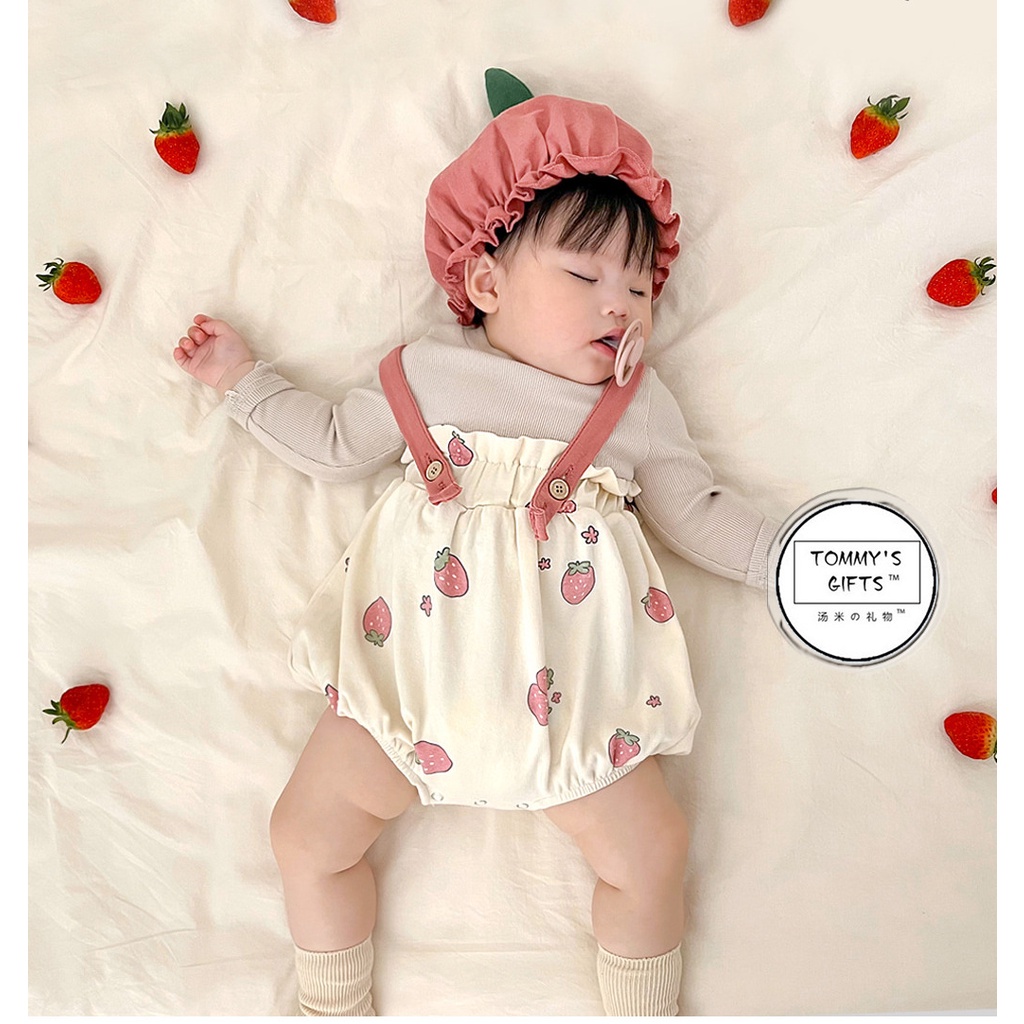 AKUI⚡現貨 夏季新款 韓版 寶寶連身衣 嬰幼兒衣服 嬰兒連身衣 草莓印花造型爬服哈衣 新生兒吊帶包屁衣