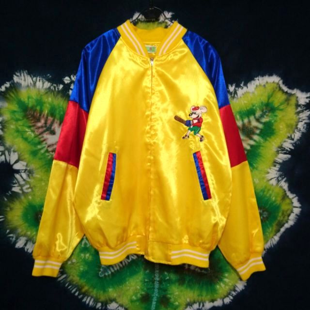 🐹莫莫氣樂屋🐹老鼠刺繡繽紛緞面棒球外套 復古 古著 秋冬 薄外套 防風 拉鍊 滑面 黃 藍 紅 vintage