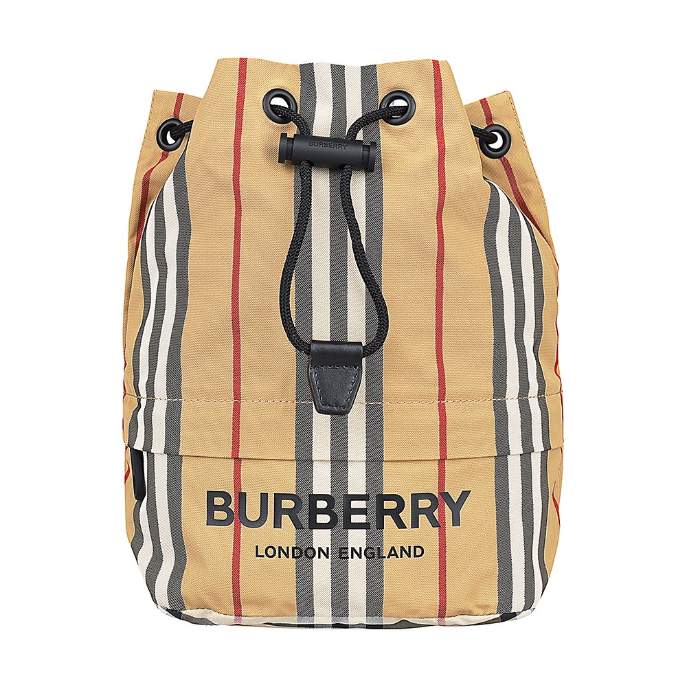 BURBERRY 黑字LOGO尼龍束口收納水桶包(典藏米)