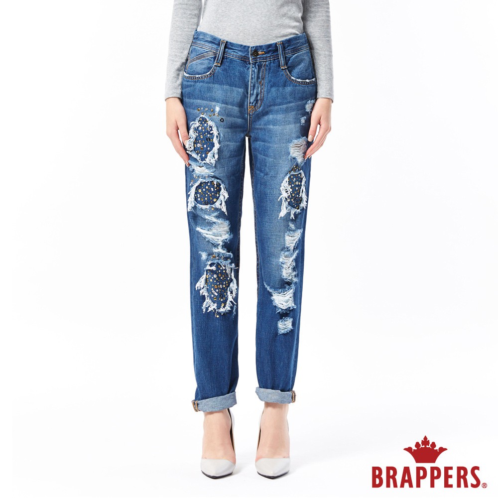BRAPPERS 女款 Boy friend系列-中低腰彈性鑲鋁片八分反摺褲-藍