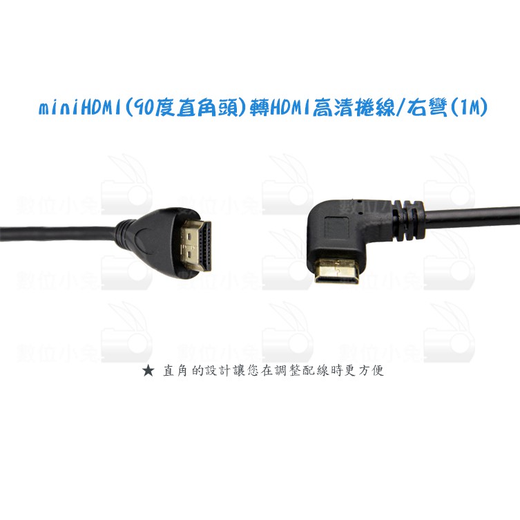 數位小兔【mini HDMI 90度直角頭 to HDMI 高清捲線 右彎 1M】影音 轉接線 傳輸線 相機線 1公尺
