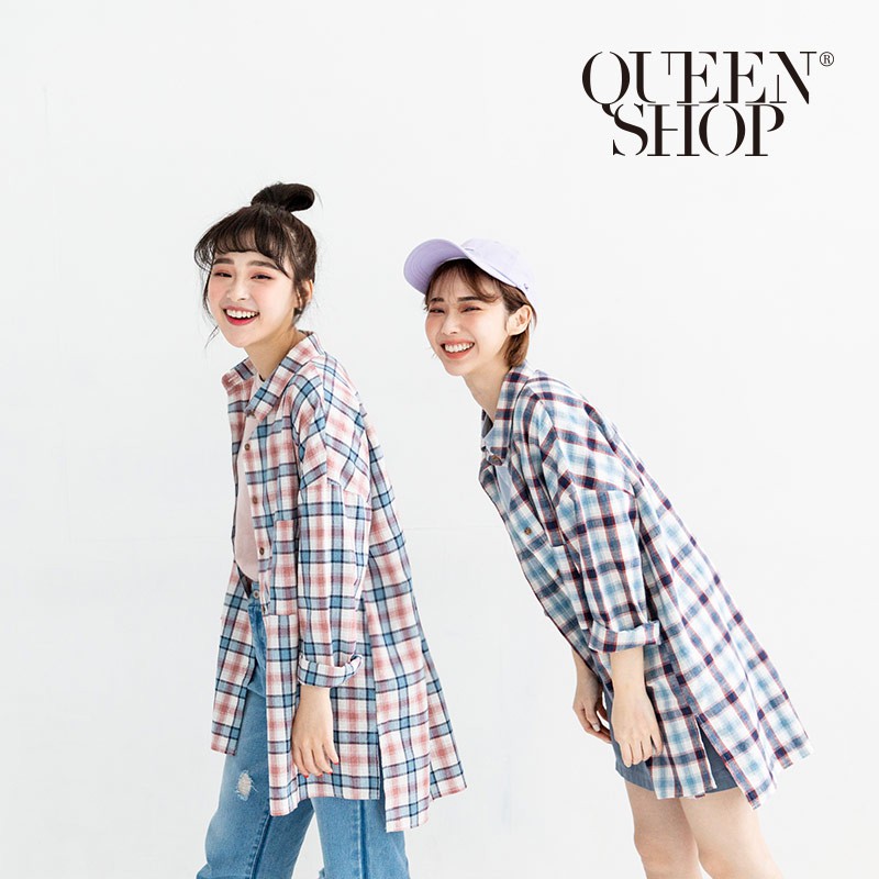 QUEENSHOP【01023330】撞色格紋單口袋長版襯衫 兩色售 現+預