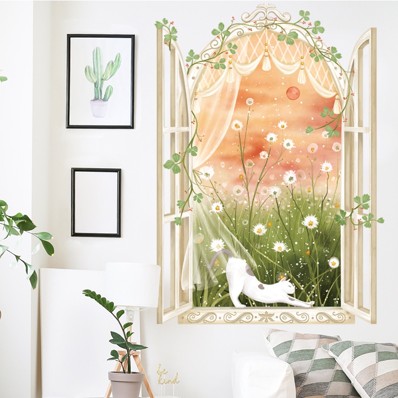 五象設計 壁貼 窗貼 植物貓咪假窗貼畫 卧室沙發背景 牆面裝飾貼紙 藤蔓 小草 自粘防水牆貼