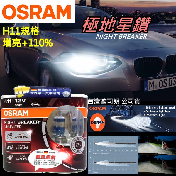 OSRAM公司貨 極地星鑽Night Breaker UNLIMITED亮度增加+110% H11規格