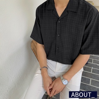 【ABOUT_歐巴】休閒簡約格紋短袖襯衫 韓 短袖上衣 襯衫 有領 寬鬆 慵懶睡衣風 襯衣 夏 男