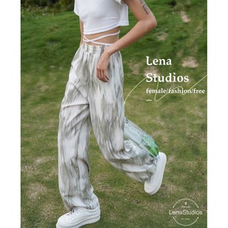 【LenaStudios】韓版渲染風冰絲寬鬆高腰闊腿褲 渲染拖地褲 潮流嘻哈 渲染紮染