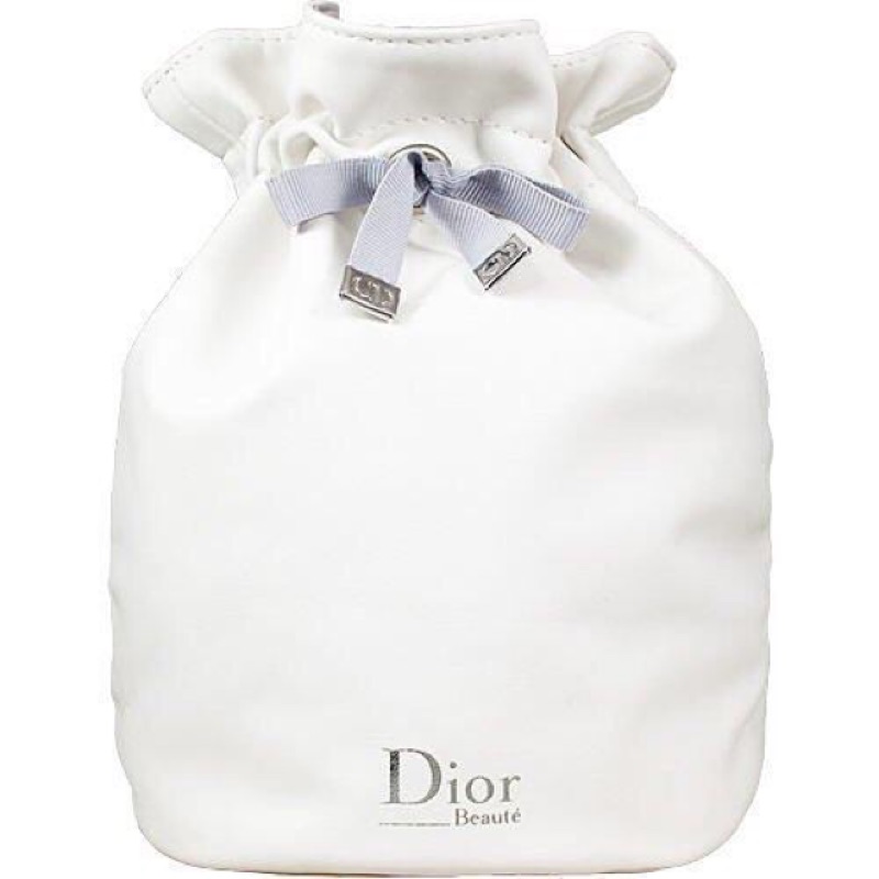 ［全新/正品］Christian Dior 迪奧 柔白皮質圓筒銀色緞帶束口化妝包