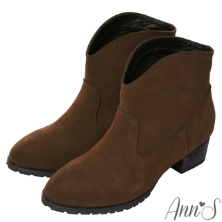 Ann’S美式風格-3M防水牛皮麂皮V口顯瘦粗跟西部短靴4cm-咖(版型偏小)